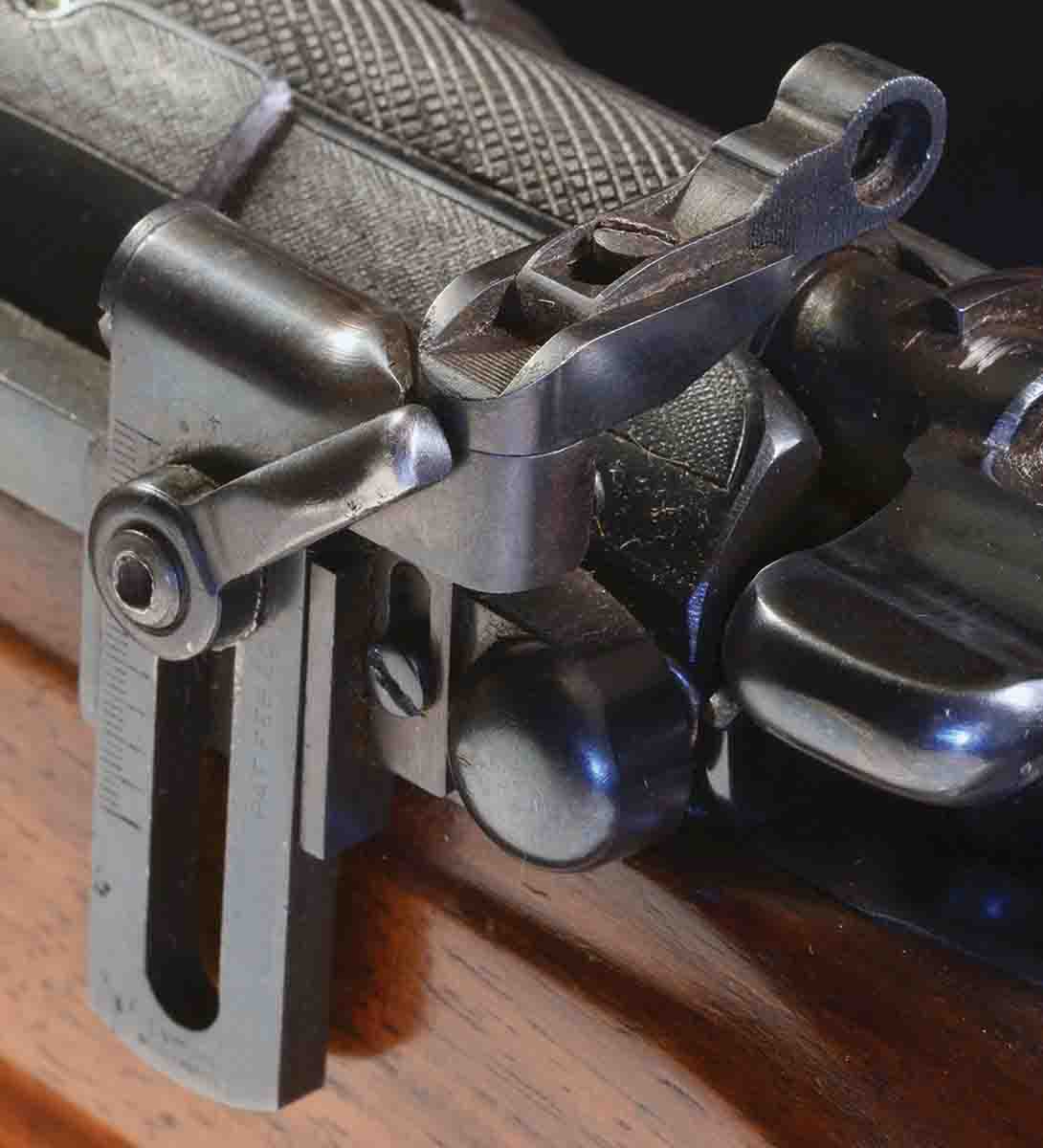 The Lyman Model 36 receiver sight was designed to fit the Mannlicher-Schönauer 1903 and the Haenel variation. The hinged arm swings back and forth, out of the way, as the bolt is cycled.